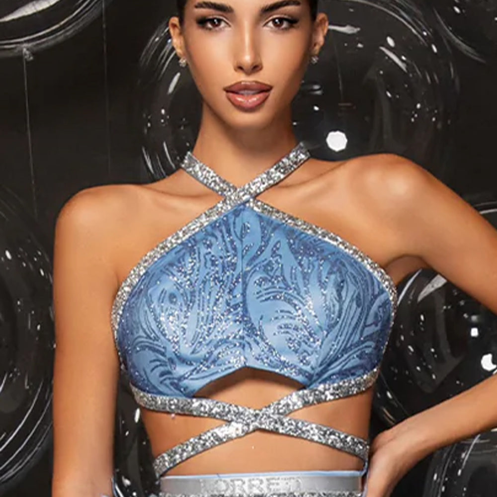 МAXI SET TOP CON GONNA GRACELYN PIZZO GLITTERATO RASO VERDE SCURO