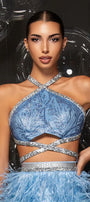 МAXI SET TOP CON GONNA GRACELYN PIZZO GLITTERATO RASO VERDE SCURO