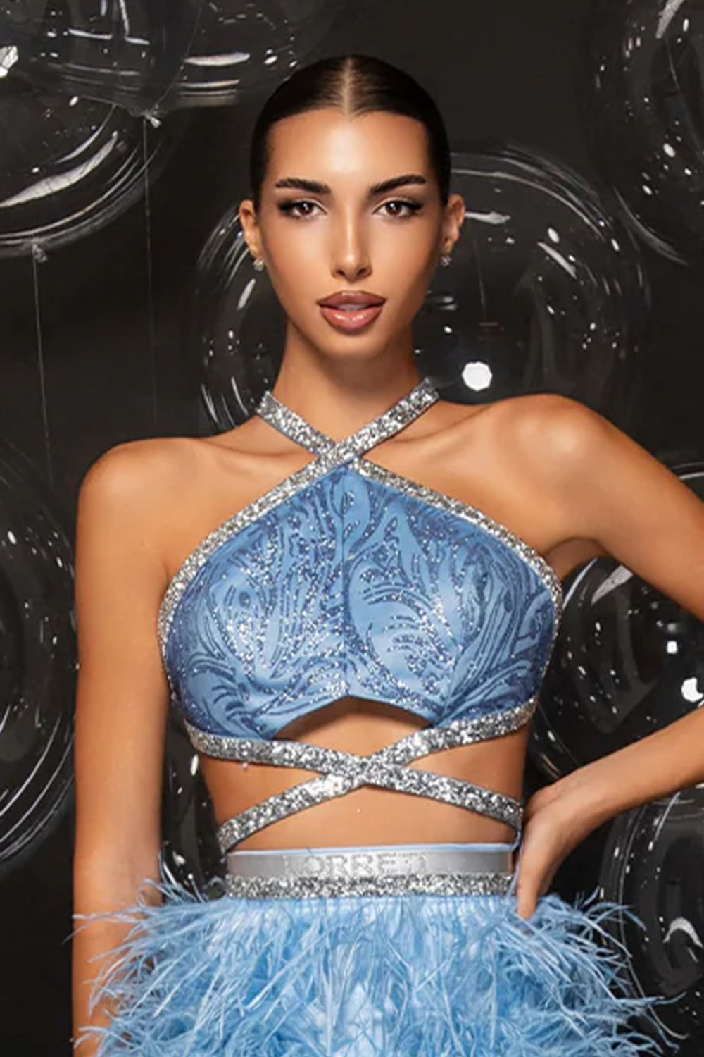 МAXI SET TOP CON GONNA GRACELYN PIZZO GLITTERATO RASO VERDE SCURO