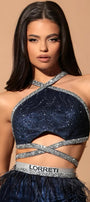 МAXI SET TOP CON GONNA GRACELYN PIZZO GLITTERATO RASO VERDE SCURO
