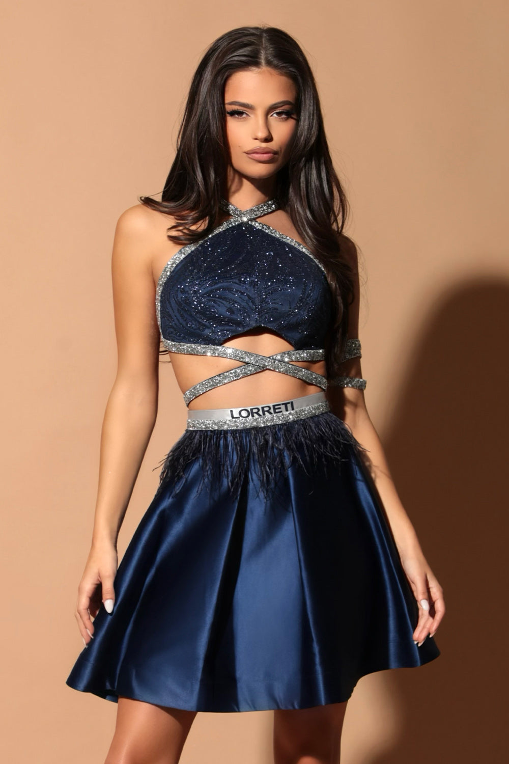 MINI SKIRT AND CROP TOP SET KAIRA GLITTER LACE SATIN RHINESTONE DARK BLUE