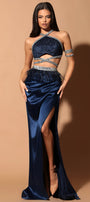 MAXI SKIRT AND CROP TOP SET QUINCY GLITTER LACE SATIN RHINESTONE DARK BLUE