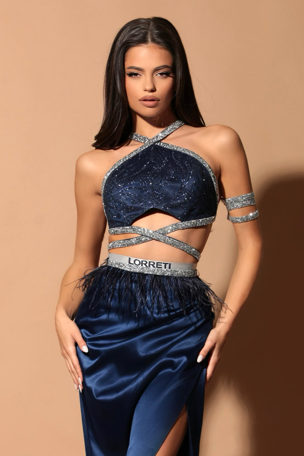 MAXI SKIRT AND CROP TOP SET QUINCY GLITTER LACE SATIN RHINESTONE DARK BLUE