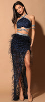 MAXI SKIRT AND CROP TOP SET DORINDA GLITTER LACE FEATHERS RHINESTONE DARK BLUE