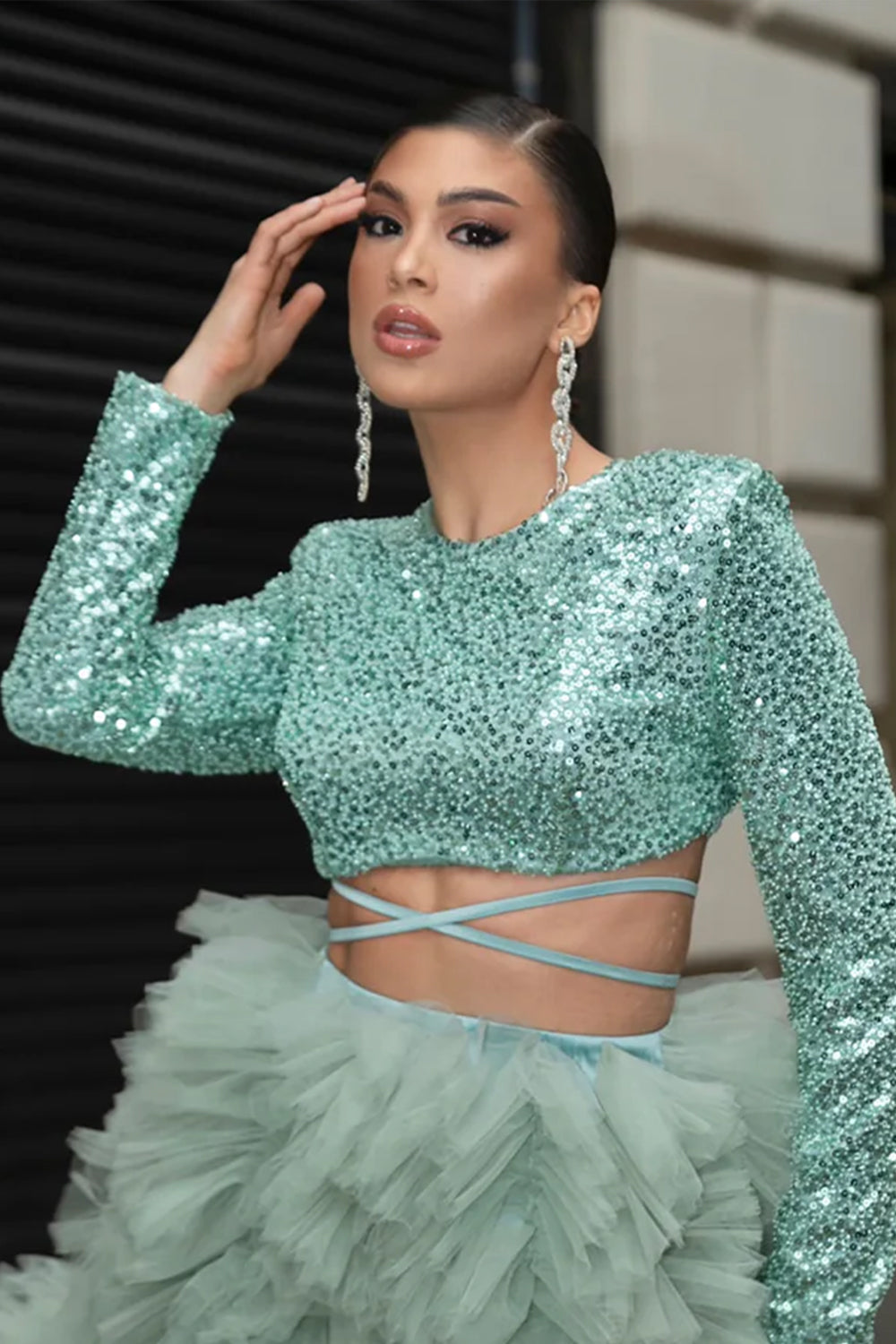 MAXI SET TOP CU FUSTA GRACELYN DANTELA GLITTER SATIN VERDE INCHIS
