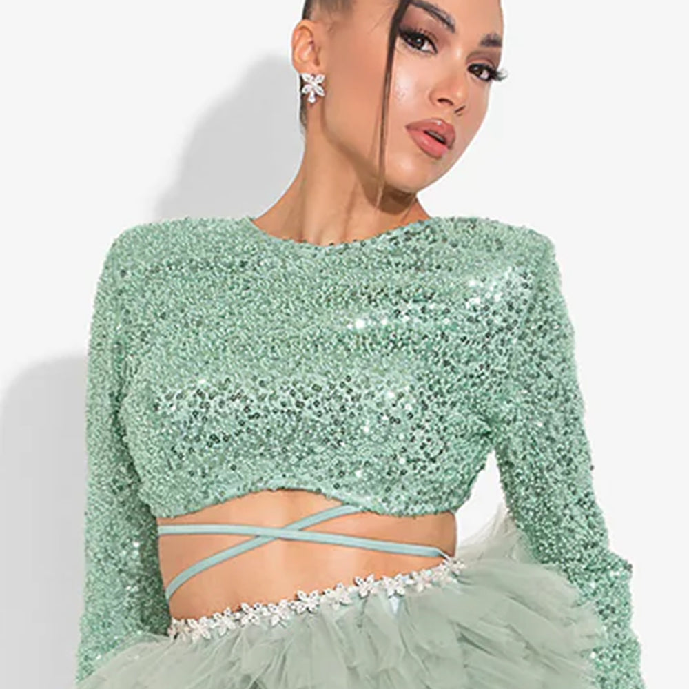 MAXI SET TOP CU FUSTA GRACELYN DANTELA GLITTER SATIN VERDE INCHIS