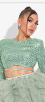 MAXI SET TOP CU FUSTA GRACELYN DANTELA GLITTER SATIN VERDE INCHIS