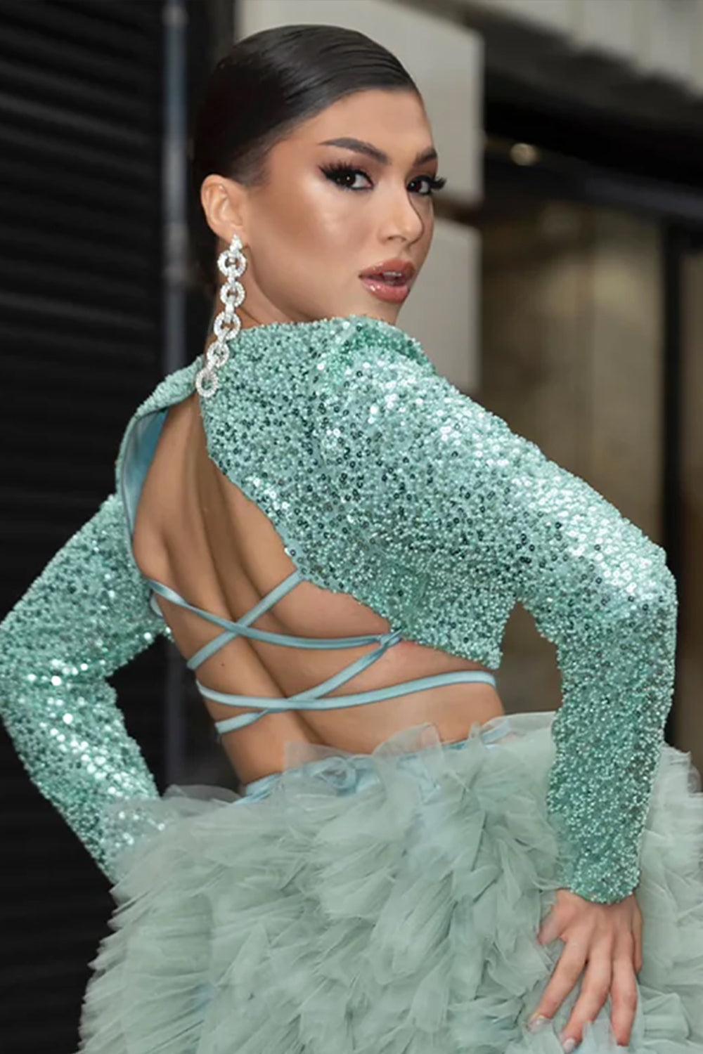 MAXI SET TOP CU FUSTA GRACELYN DANTELA GLITTER SATIN VERDE INCHIS