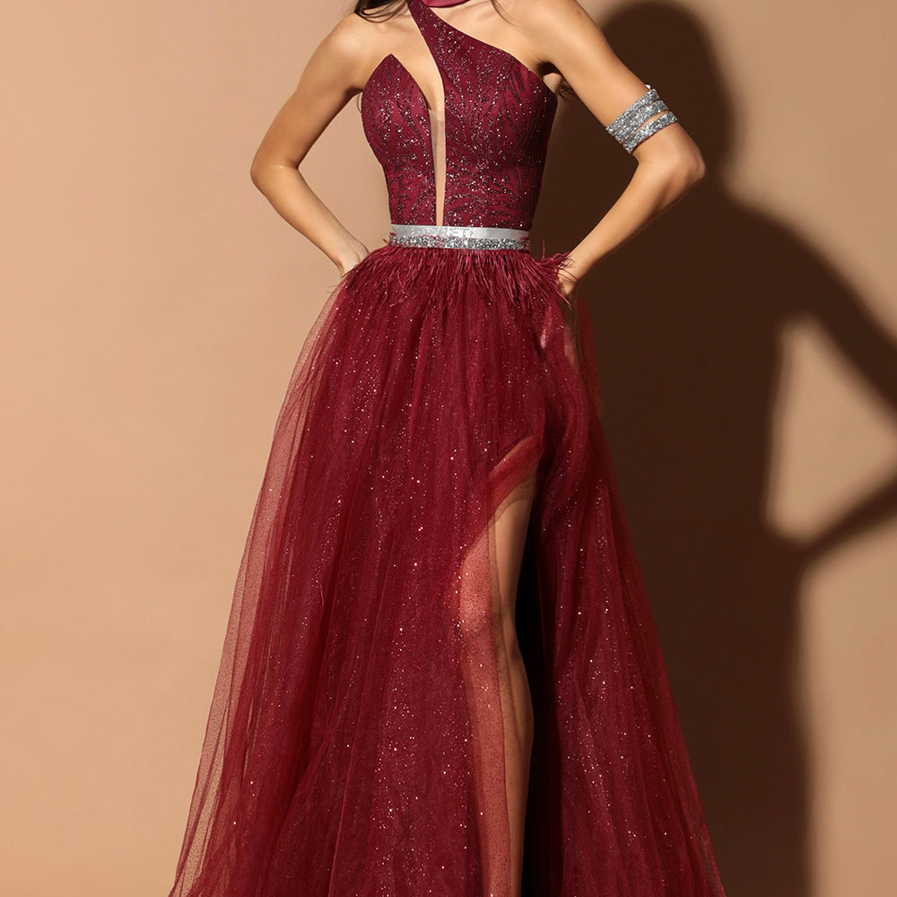 ДЪЛЪГ СЕТ ТОП С ПОЛА WILMA ДАНТЕЛА ГЛИТЕР ТЮЛ БРОКАТ БОРДО