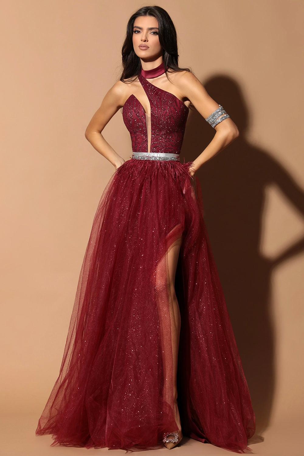 ДЪЛЪГ СЕТ ТОП С ПОЛА WILMA ДАНТЕЛА ГЛИТЕР ТЮЛ БРОКАТ БОРДО