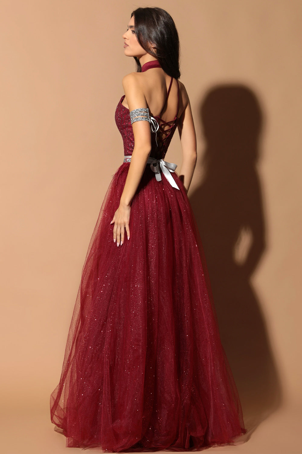 ДЪЛЪГ СЕТ ТОП С ПОЛА WILMA ДАНТЕЛА ГЛИТЕР ТЮЛ БРОКАТ БОРДО