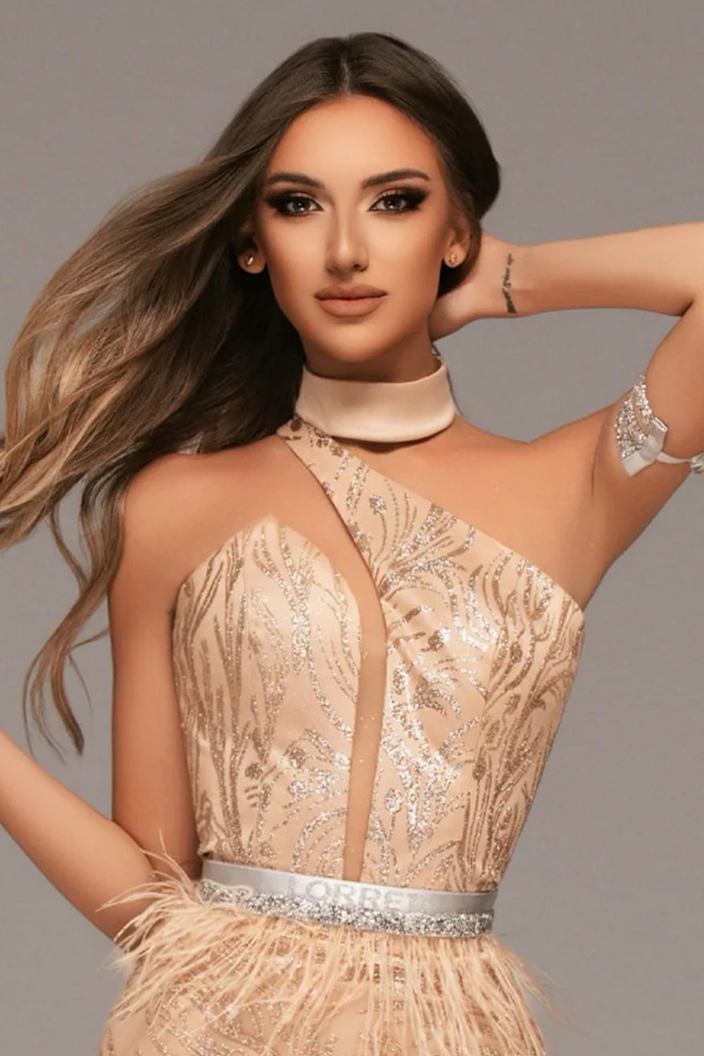 МAXI SET TOP CON GONNA GRACELYN PIZZO GLITTERATO RASO VERDE SCURO