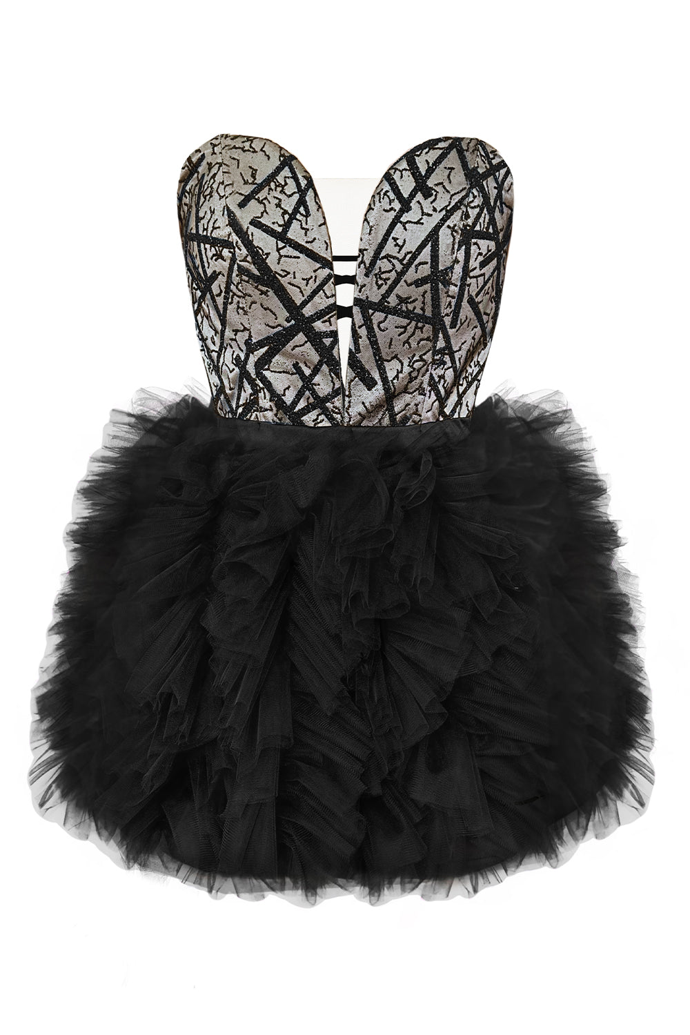 SKIRT AND CROP TOP SET BRENDA GLITTER LACE TULLE BLACK AND NUDE