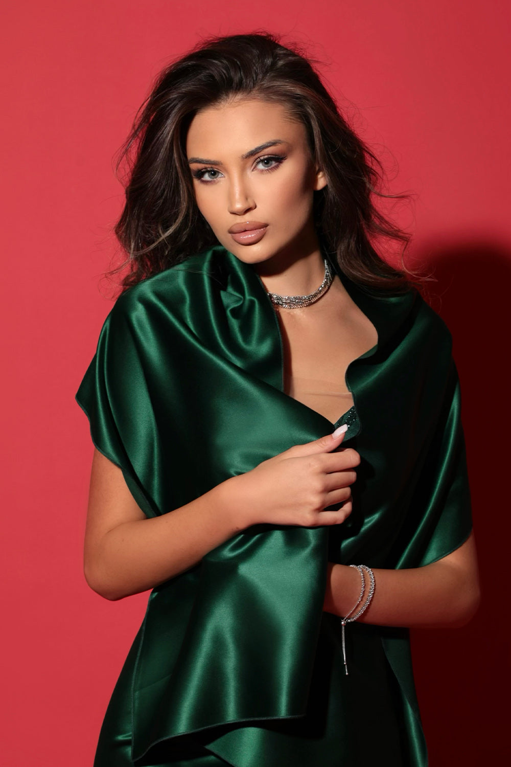 MAXI SKIRT AND CROP TOP SET ALEXANDRINA GLITTER LACE GLITTER TULLE DARK GREEN