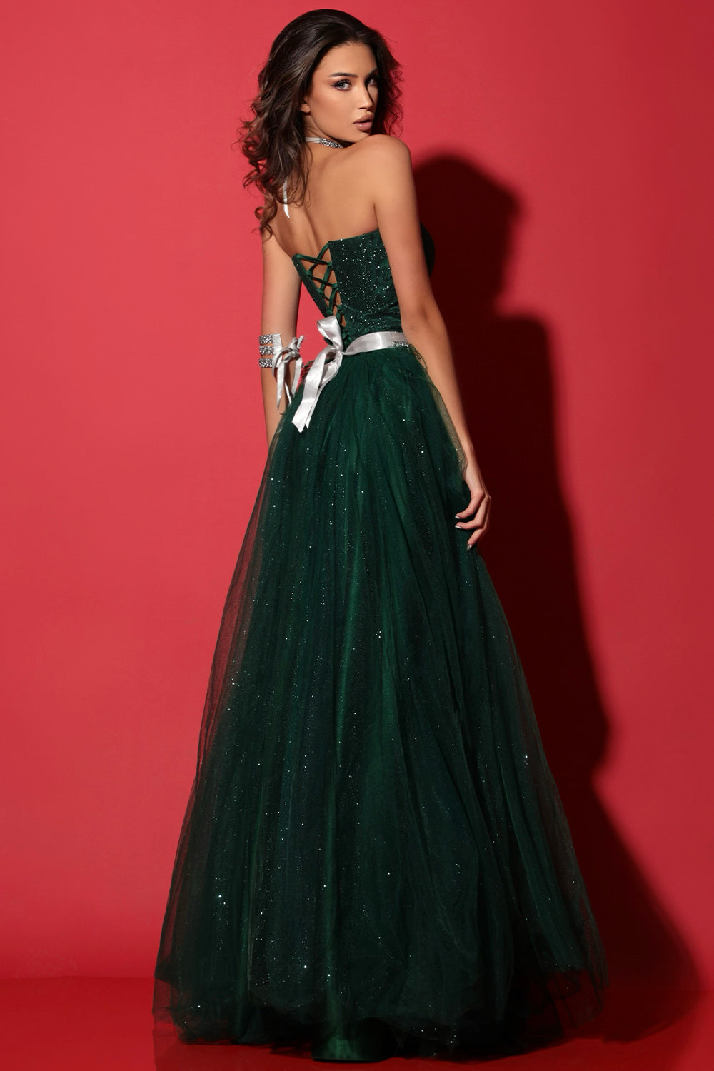 MAXI SKIRT AND CROP TOP SET ALEXANDRINA GLITTER LACE GLITTER TULLE DARK GREEN