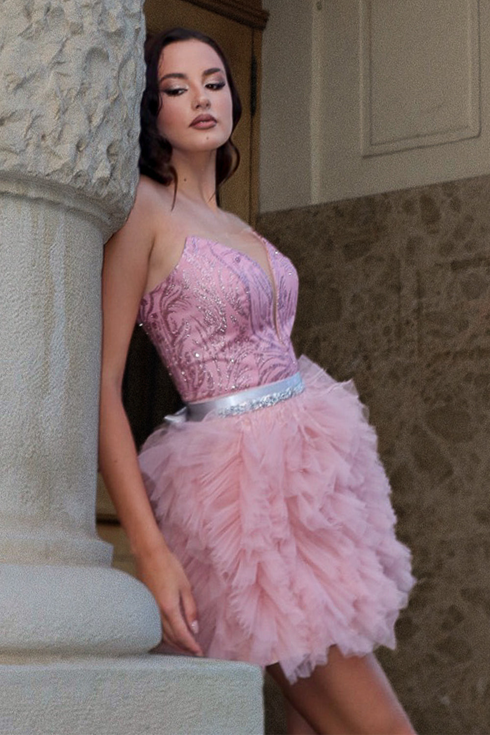 MINI SKIRT AND CROP TOP SET MATTEA GLITTER LACE TULLE POWDER PINK