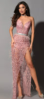 MAXI SKIRT AND CROP TOP SET EDEN GLITTER LACE FEATHERS POWDER PINK
