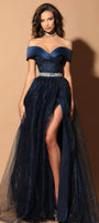 MAXI SKIRT AND CROP TOP SET JOHANNA GLITTER LACE GLITTER TULLE SATIN DARK BLUE
