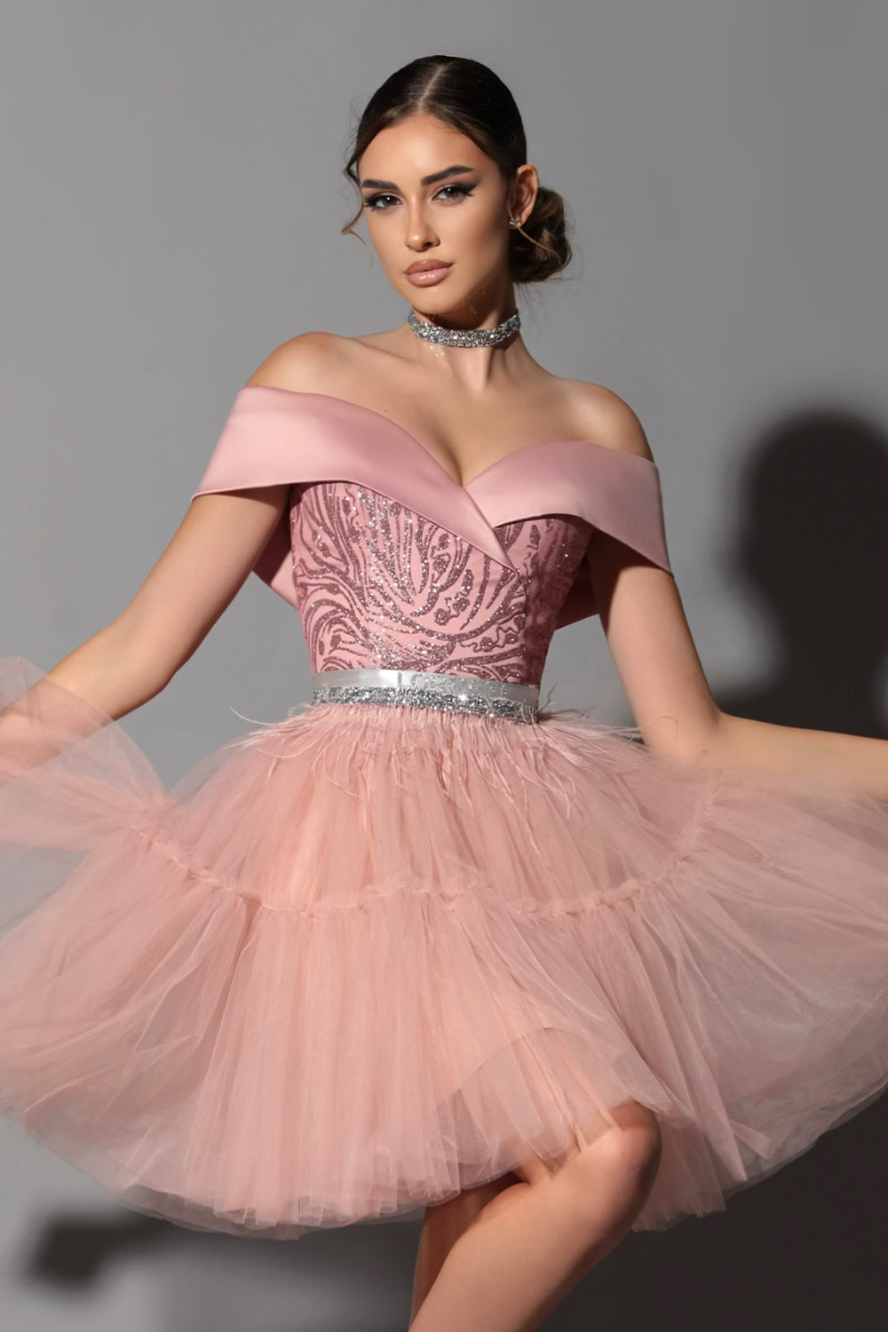 off shoulder tulle skirt mini dress in terracotta Jennifer Dreamy A-Line Off the Shoulder Short Tulle Homecoming Dresses, As Picture