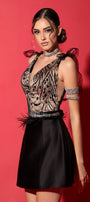 MINI SKIRT AND CROP TOP SET SELINE GLITTER LACE SATIN BLACK