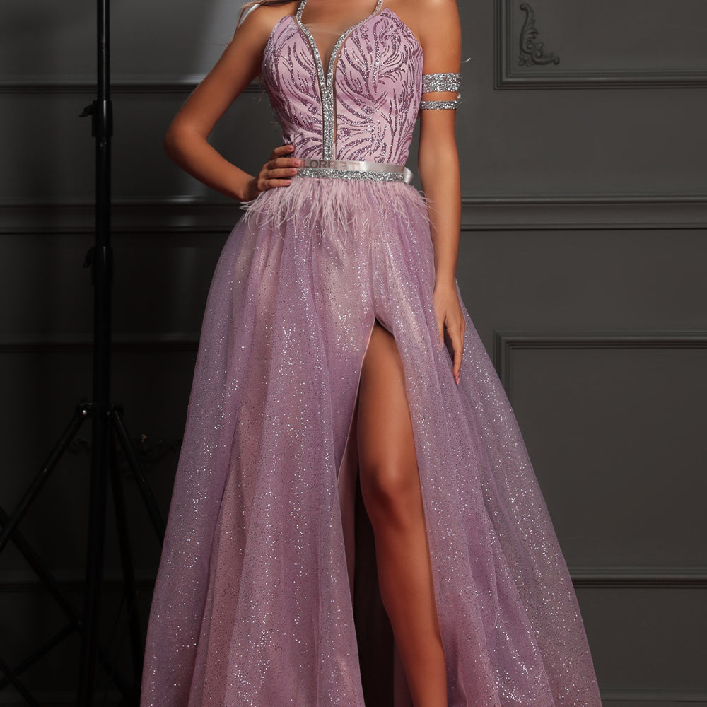 MAXI SKIRT AND CROP TOP SET CANDICE GLITTER LACE RHINESTONE GLITTER TULLE LAVENDER
