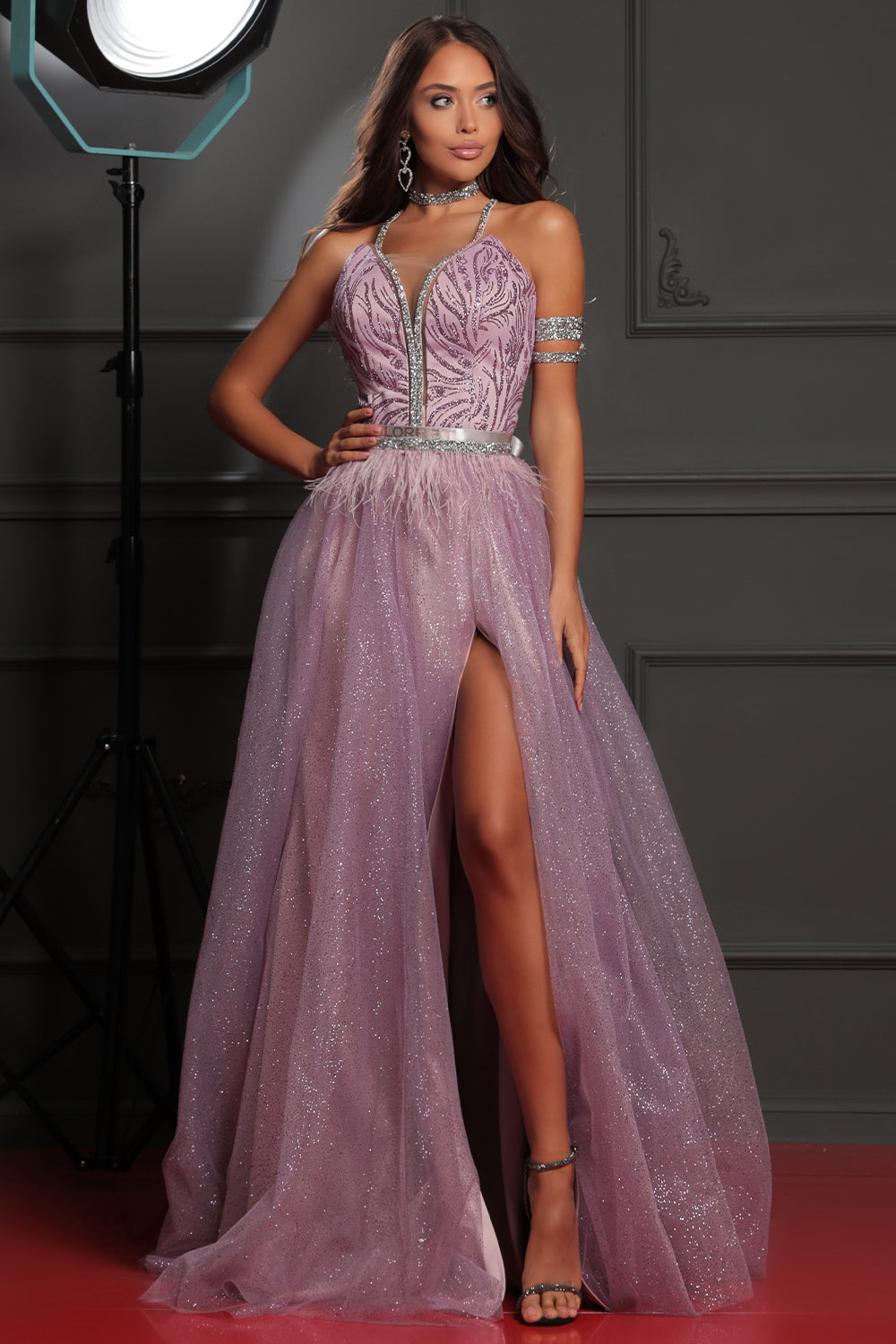 MAXI SKIRT AND CROP TOP SET CANDICE GLITTER LACE RHINESTONE GLITTER TULLE LAVENDER