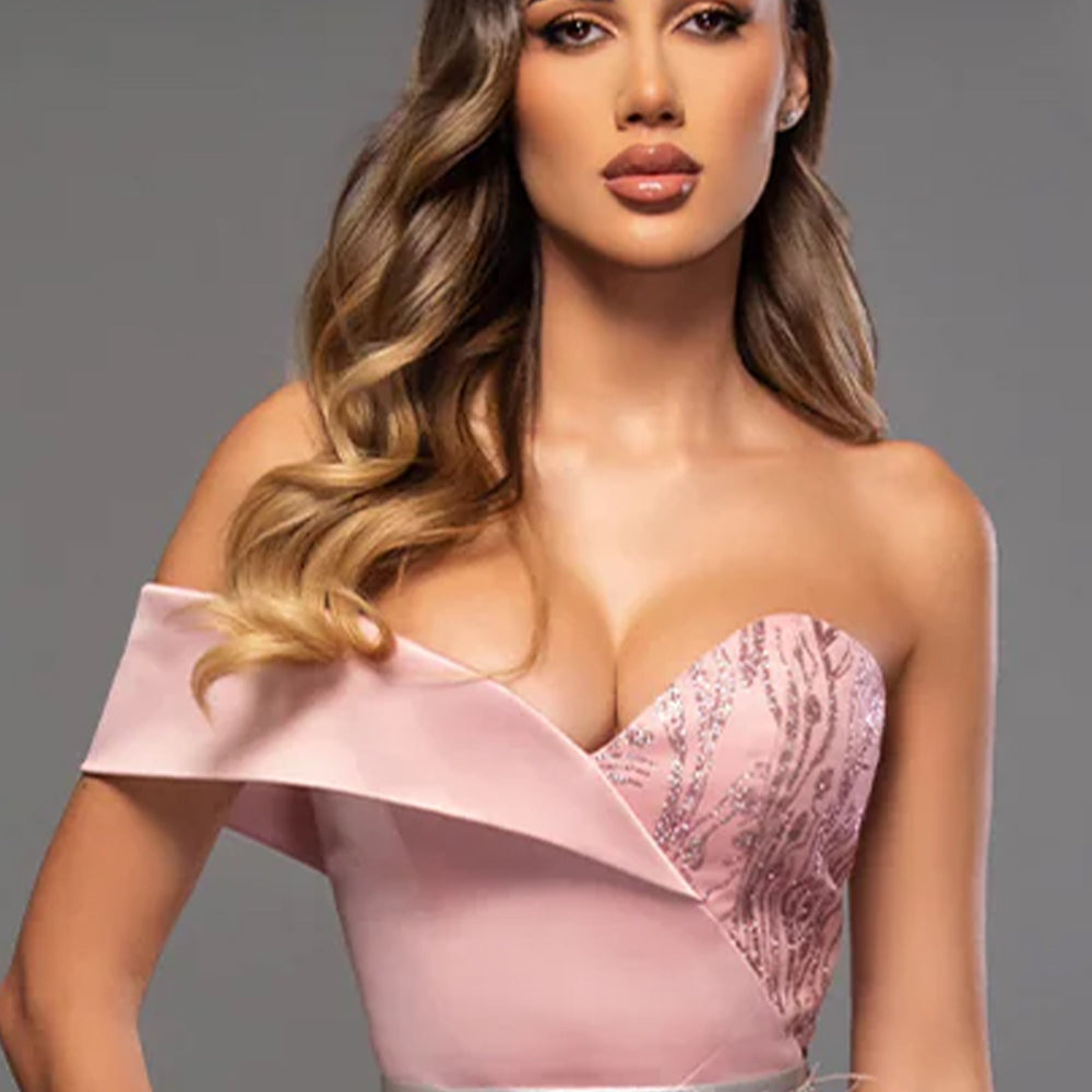 МAXI SET TOP CON GONNA GRACELYN PIZZO GLITTERATO RASO VERDE SCURO
