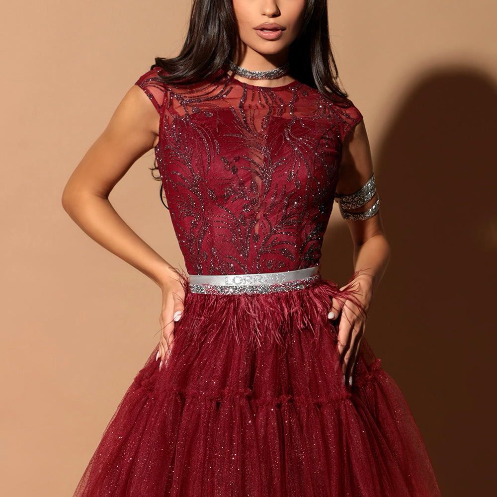 MINI SKIRT AND CROP TOP SET KARMA GLITTER LACE GLITTER TULLE BURGUNDY