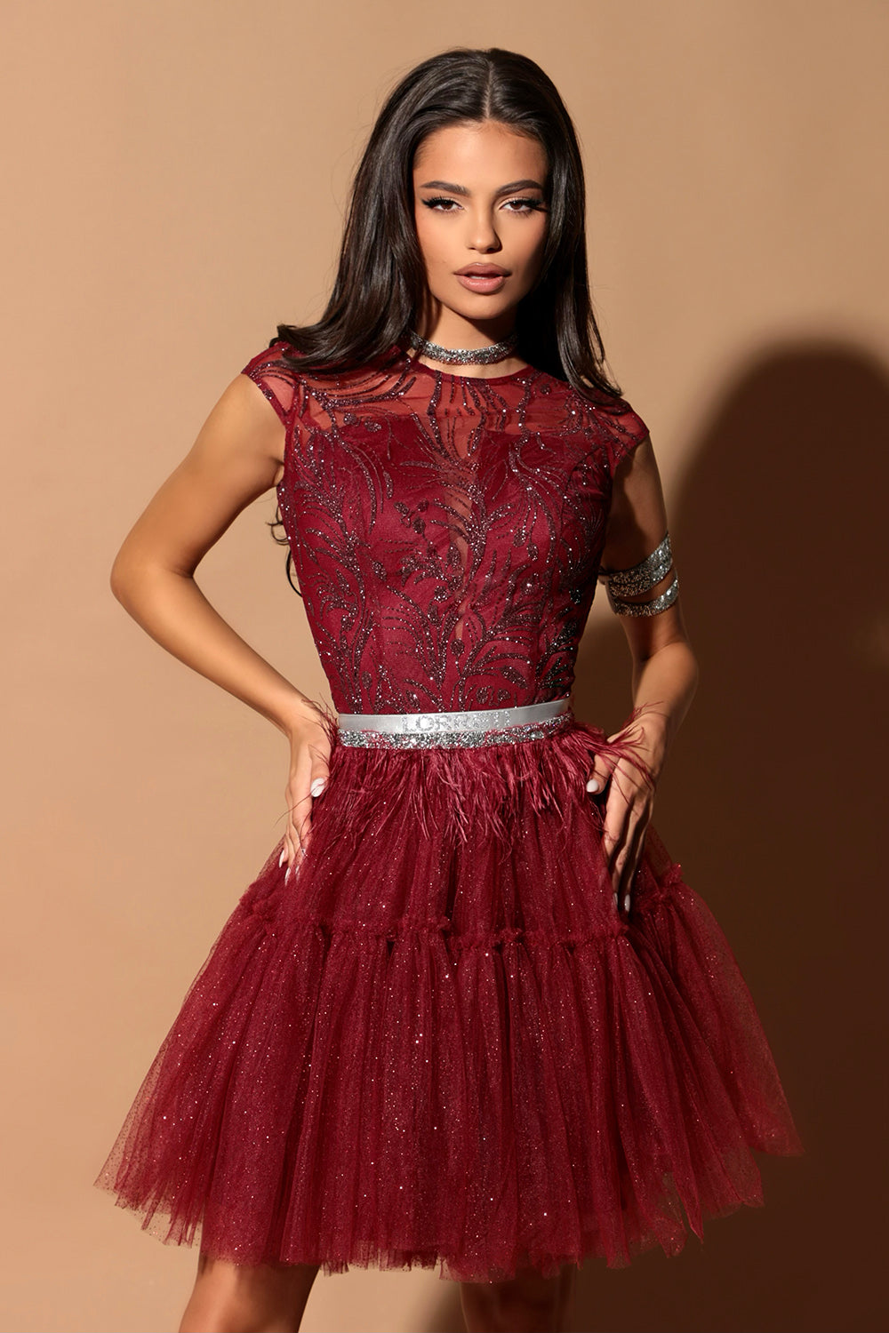 MINI SKIRT AND CROP TOP SET KARMA GLITTER LACE GLITTER TULLE BURGUNDY