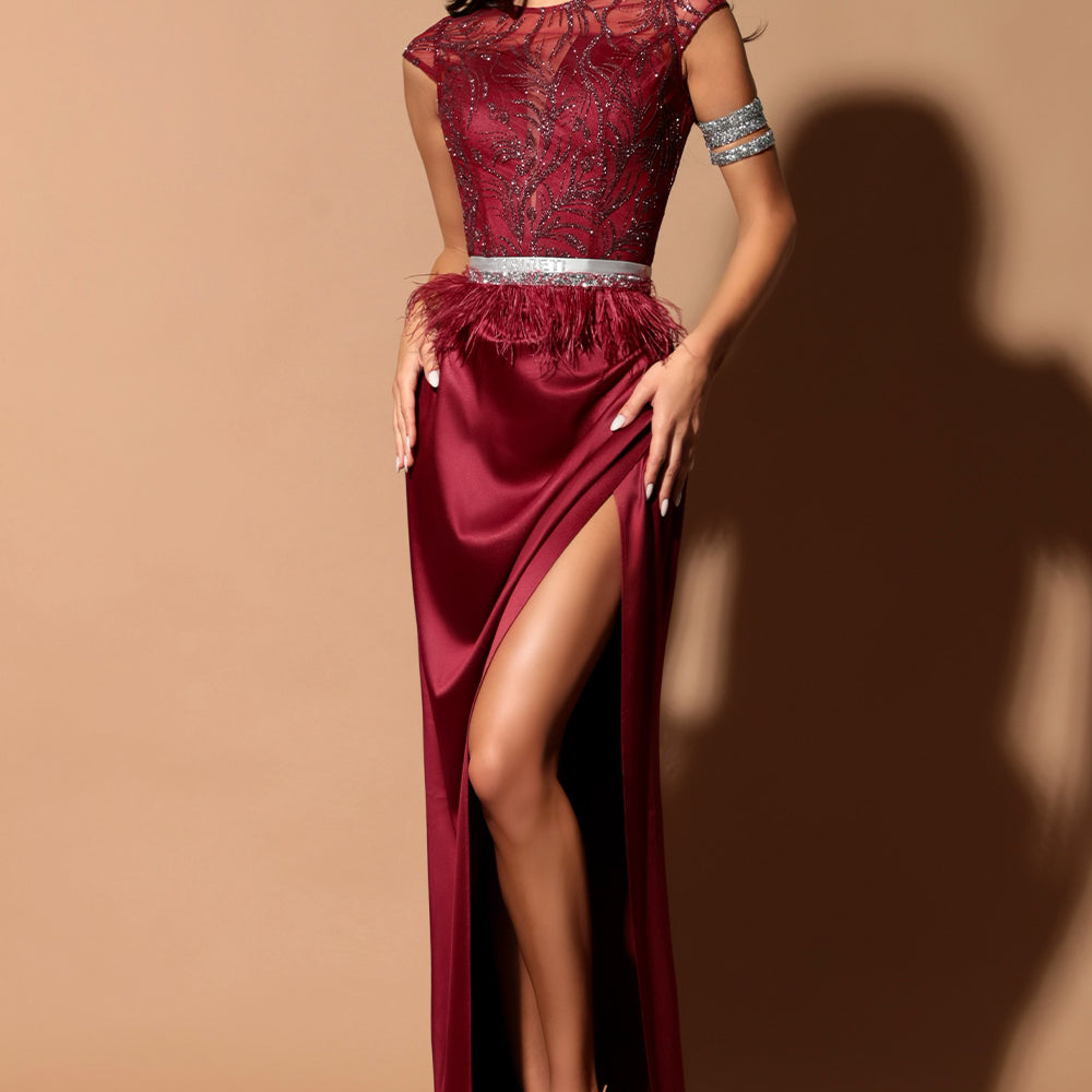 MAXI SKIRT AND CROP TOP SET MARIA GLITTER LACE SATIN BURGUNDY