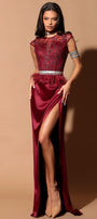 MAXI SKIRT AND CROP TOP SET MARIA GLITTER LACE SATIN BURGUNDY