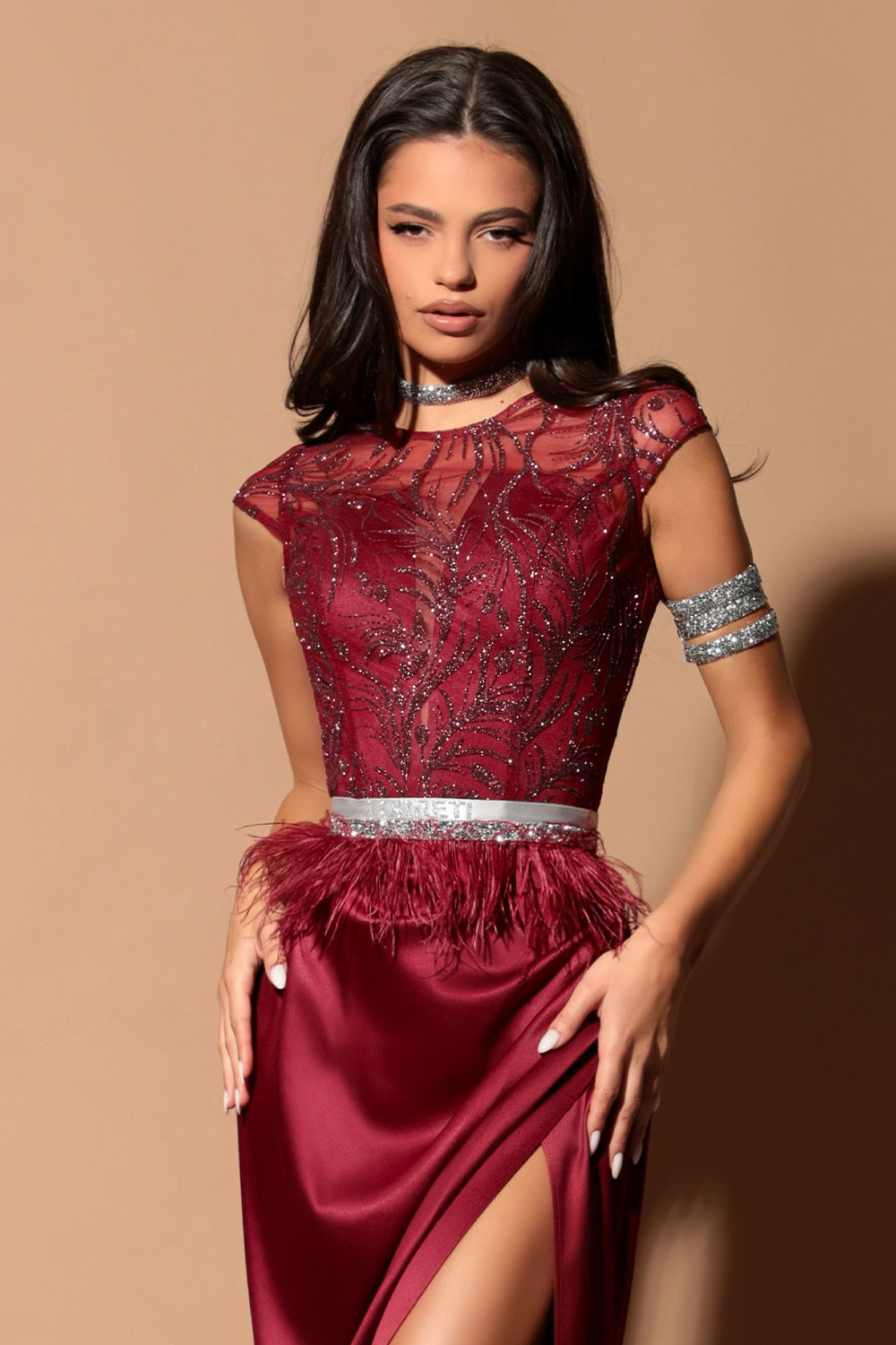 MAXI SKIRT AND CROP TOP SET MARIA GLITTER LACE SATIN BURGUNDY