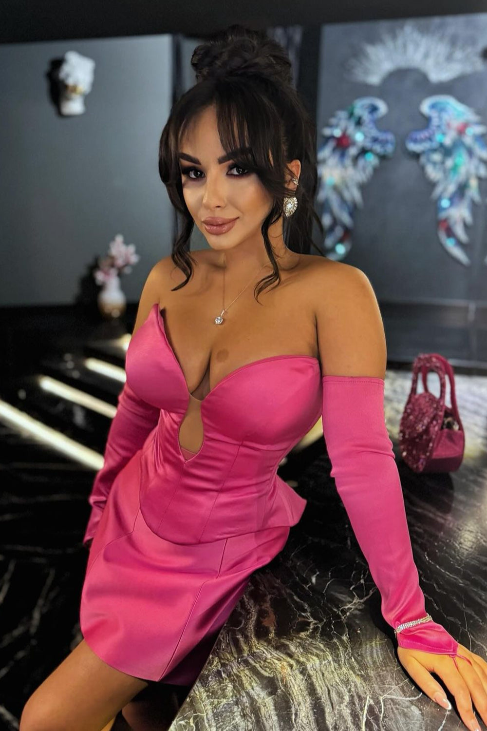 MINI SKIRT AND CROP TOP SET DANICA SATIN HOT PINK