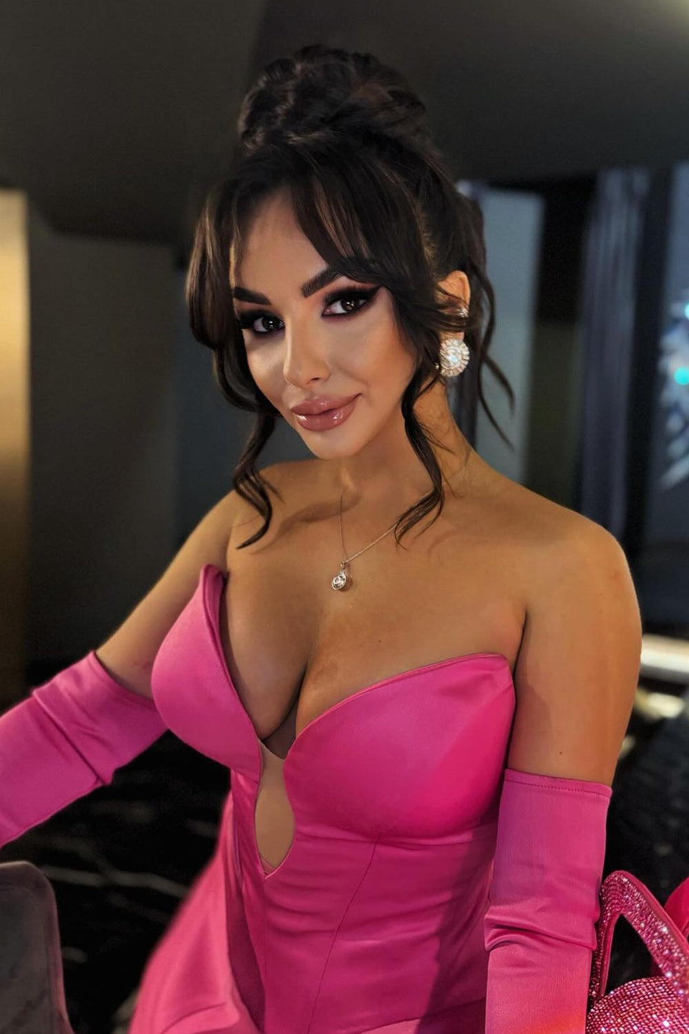 MINI SKIRT AND CROP TOP SET DANICA SATIN HOT PINK