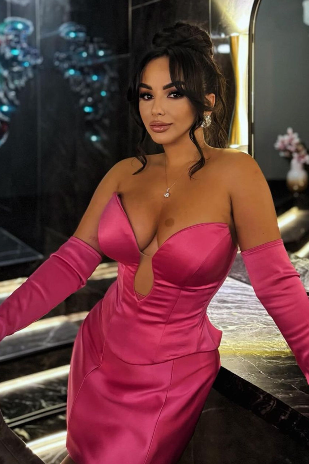 MINI SKIRT AND CROP TOP SET DANICA SATIN HOT PINK