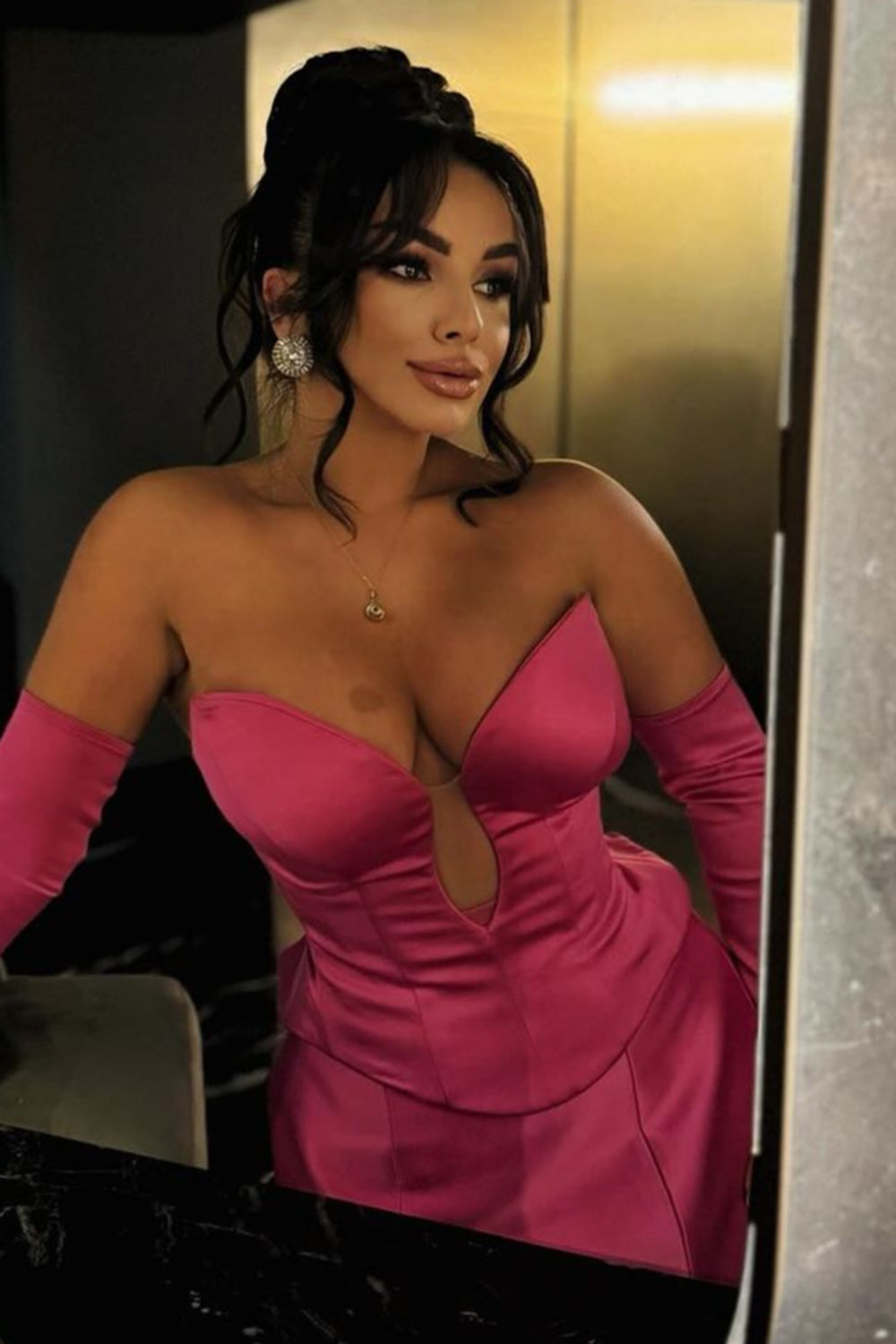 MINI SKIRT AND CROP TOP SET DANICA SATIN HOT PINK