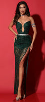 MAXI SKIRT AND CROP TOP SET STARLYNN GLITTER LACE DARK GREEN
