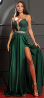 MAXI SKIRT AND CROP TOP SET CONSTANCE GLITTER LACE SATIN DARK GREEN