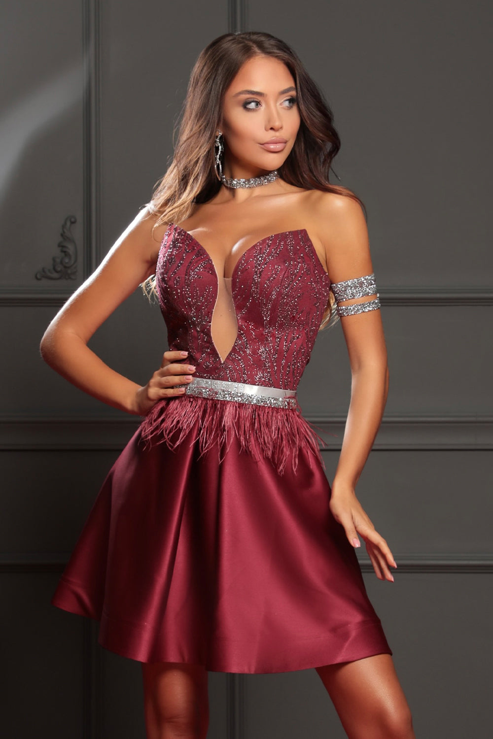 MINI SKIRT AND CROP TOP SET AIDA GLITTER LACE SATIN BURGUNDY