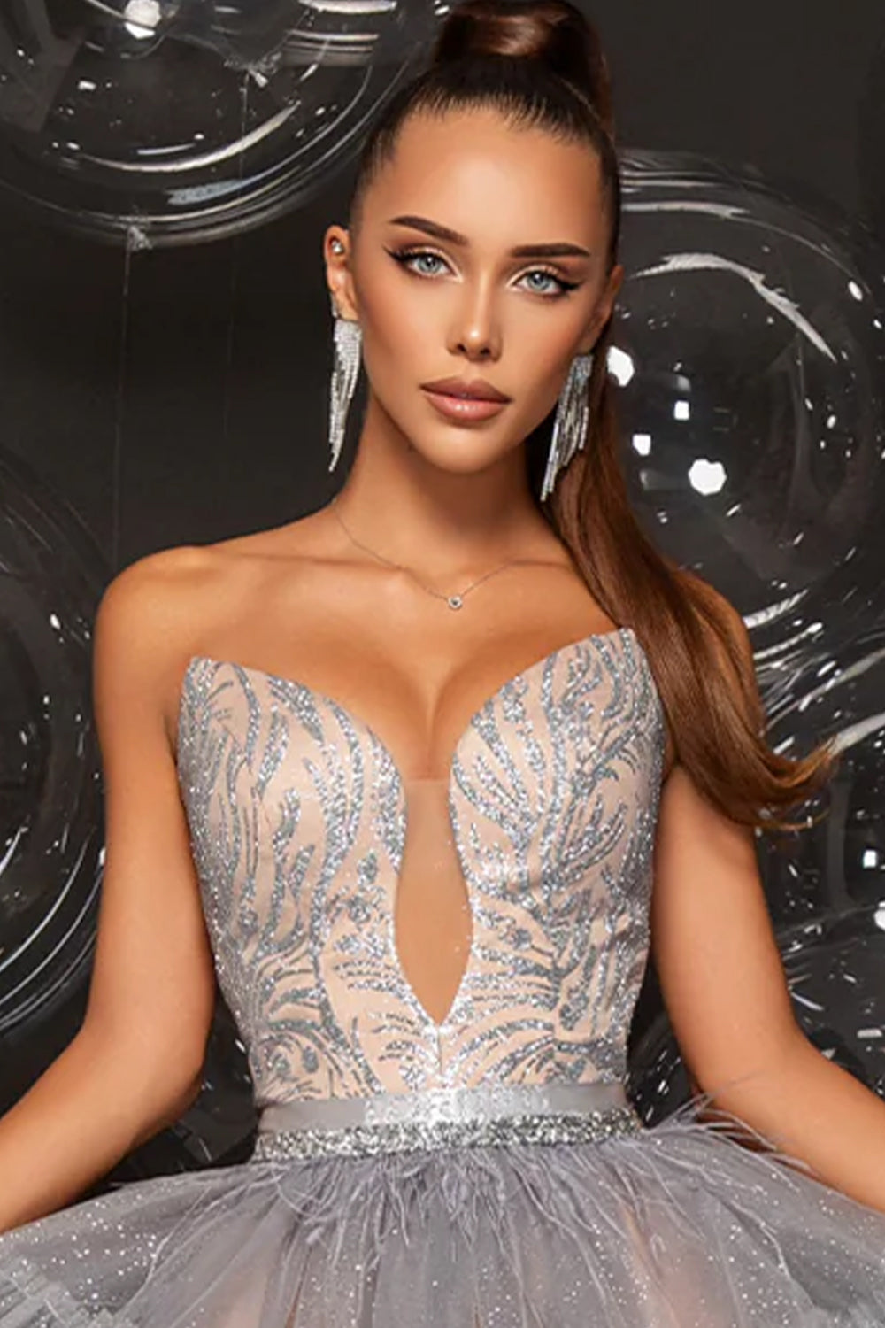 МAXI SET TOP CON GONNA GRACELYN PIZZO GLITTERATO RASO VERDE SCURO