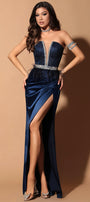 MAXI SKIRT AND CROP TOP SET ELLEN GLITTER LACE RHINESTONE SATIN DARK BLUE