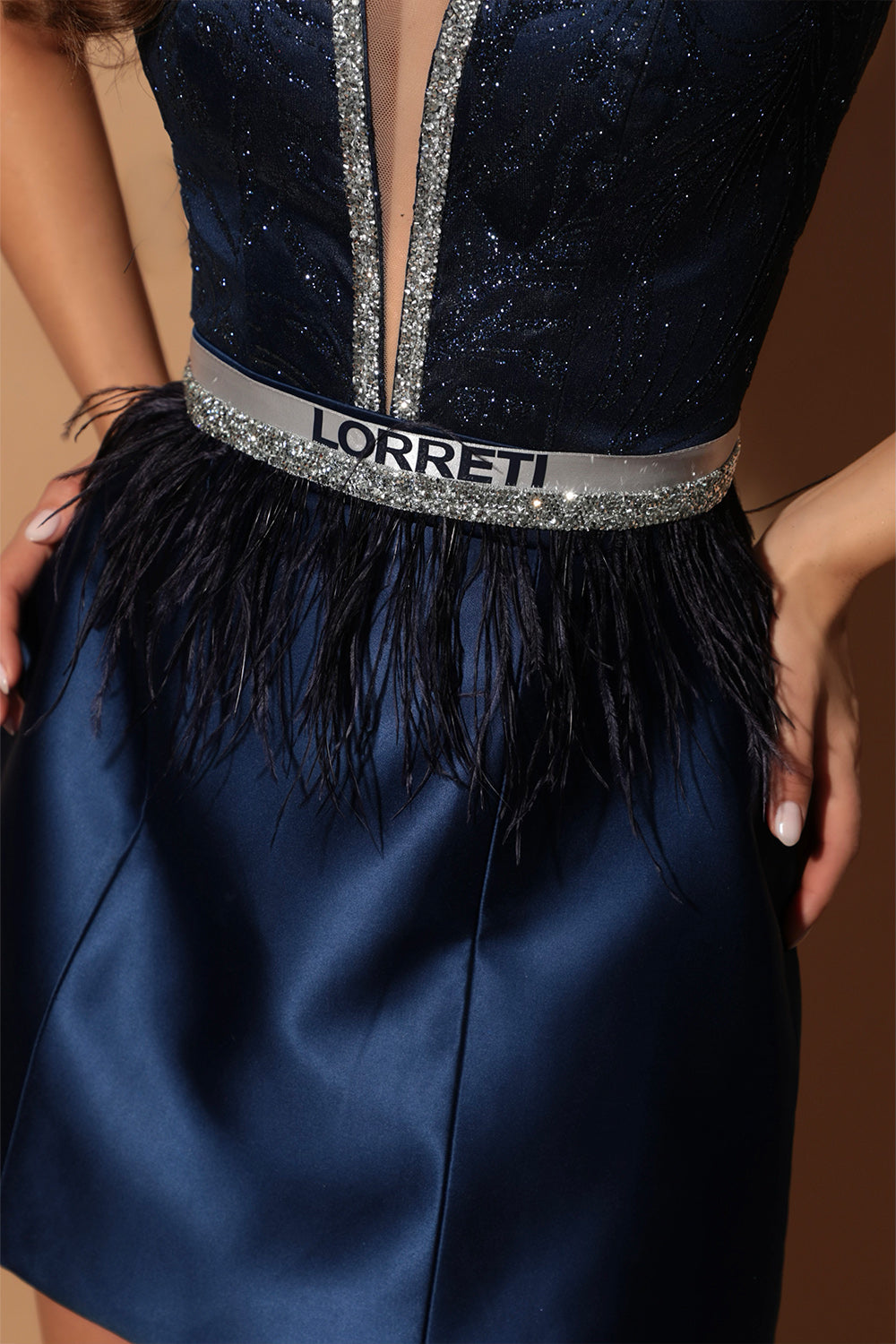 MINI SKIRT AND CROP TOP SET SHANNON GLITTER LACE RHINESTONE SATIN DARK BLUE