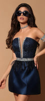 MINI SKIRT AND CROP TOP SET SHANNON GLITTER LACE RHINESTONE SATIN DARK BLUE