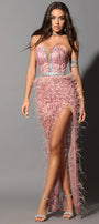MAXI SKIRT AND CROP TOP SET MINA GLITTER LACE RHINESTONE FEATHERS POWDER PINK