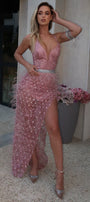 MAXI SKIRT AND CROP TOP SET KAYLA GLITTER LACE FEATHERS POWDER PINK
