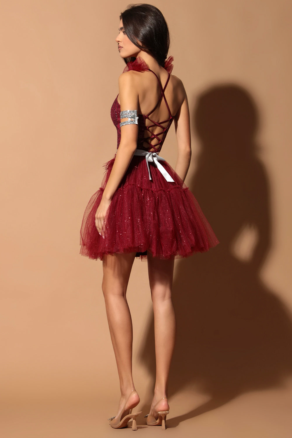 MINI SKIRT AND CROP TOP SET KALLYE GLITTER LACE GLITTER TULLE BURGUNDY