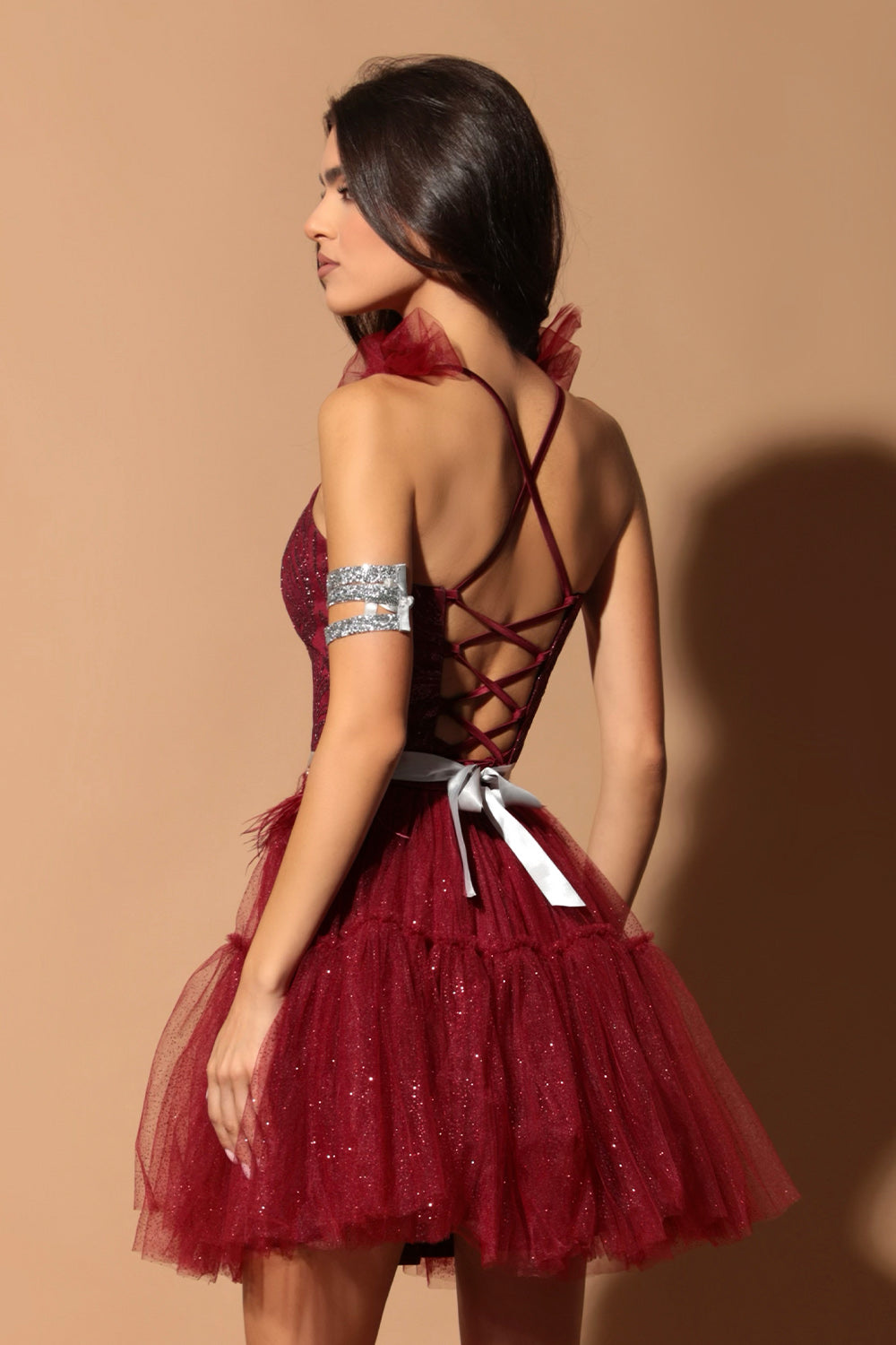 MINI SKIRT AND CROP TOP SET KALLYE GLITTER LACE GLITTER TULLE BURGUNDY