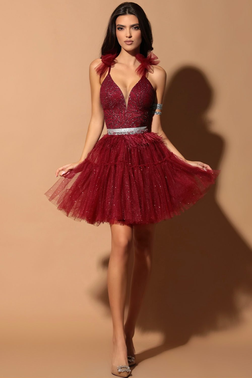 MINI SKIRT AND CROP TOP SET KALLYE GLITTER LACE GLITTER TULLE BURGUNDY