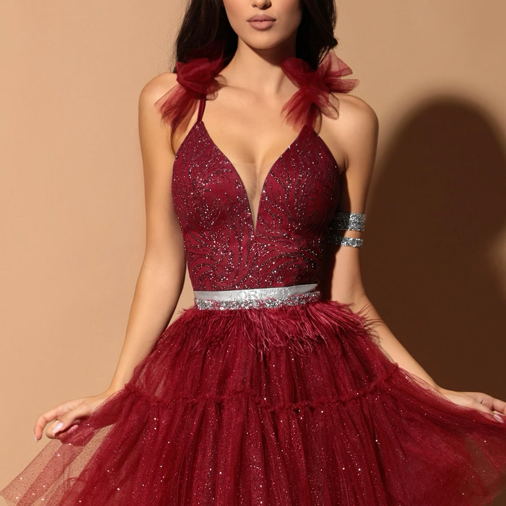 MINI SKIRT AND CROP TOP SET KALLYE GLITTER LACE GLITTER TULLE BURGUNDY