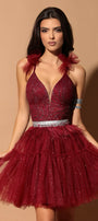 MINI SKIRT AND CROP TOP SET KALLYE GLITTER LACE GLITTER TULLE BURGUNDY